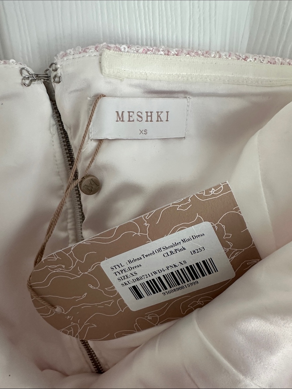 Meshki Helena Blush Off-the-Shoulder Tweed Mini Dress - Picture 2 of 6